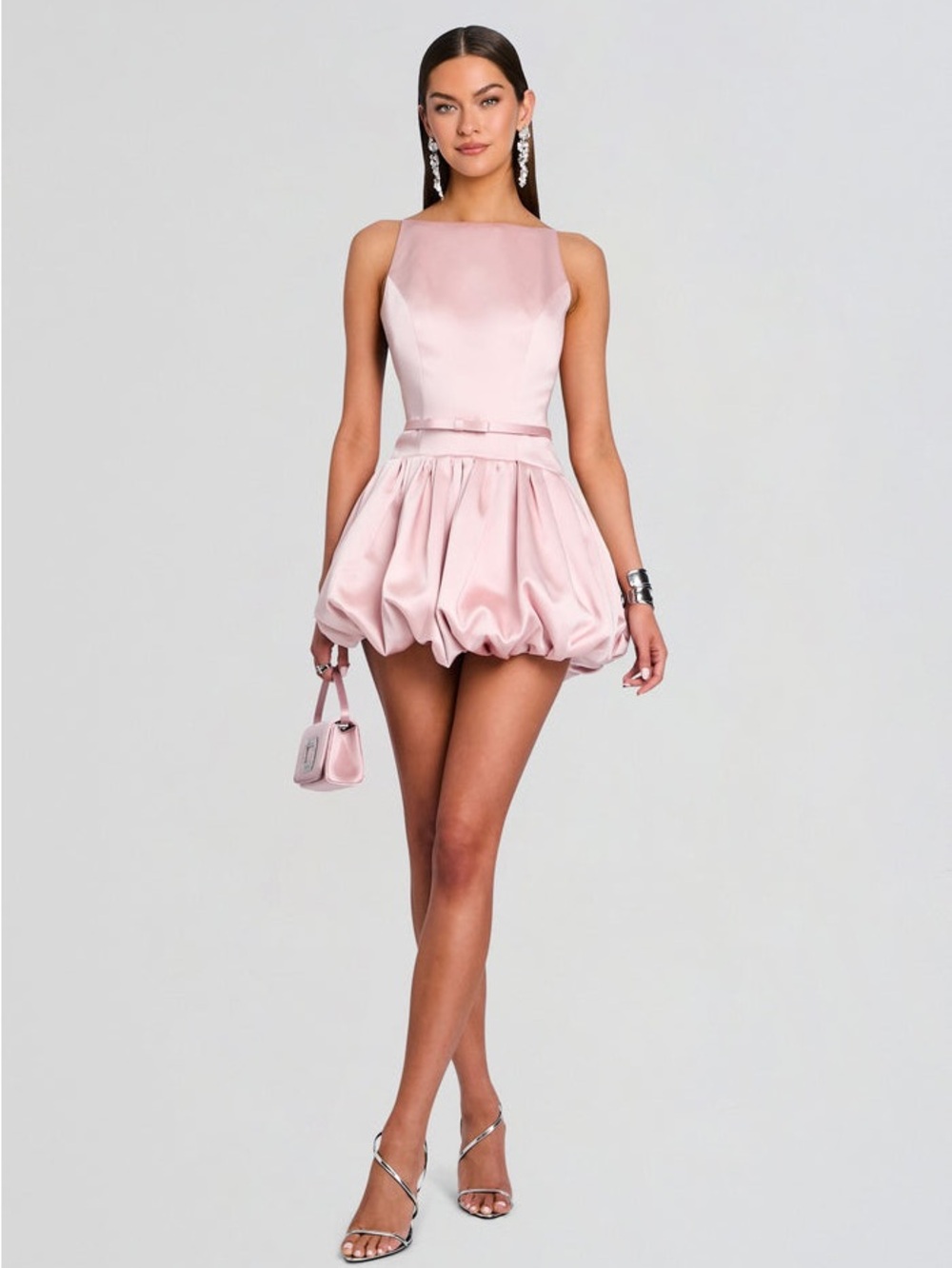 Retrofete Isolde Dress - Sleeveless Pink Satin Bubble Hem Mini Dress